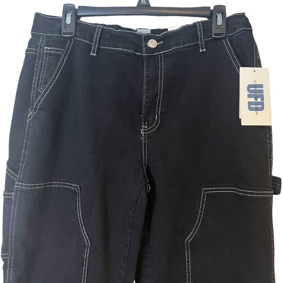 Ultra Flirt Carpenter Jeans Womens XL Black Contrasting Stitch Wide Leg Elastic - Picture 2 of 13